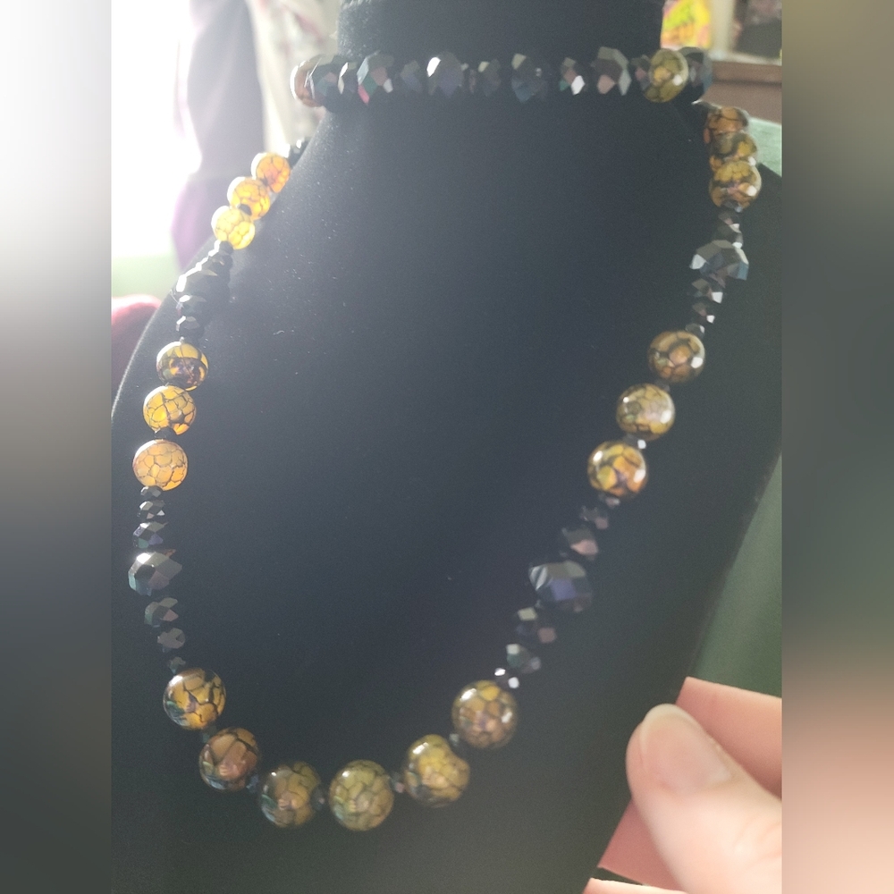 "The Golden Basilisk"; Handmade Dragon Vein Agate & Black Crystal Necklace - Picture 1 of 9